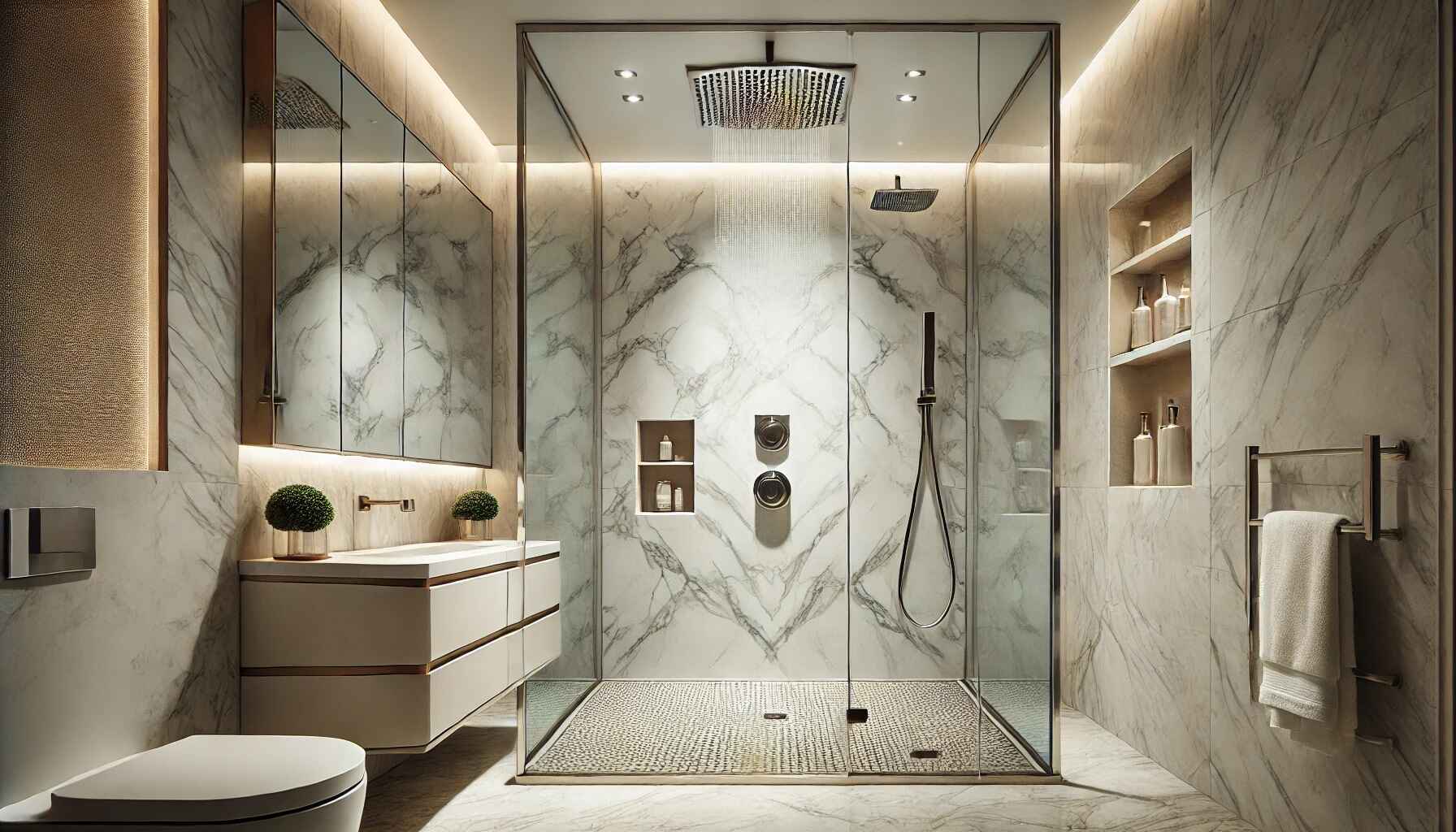 A luxurious bathroom shower with a stylish and modern design. The shower features a sleek glass enclosure with minimalistic chrome fixtures