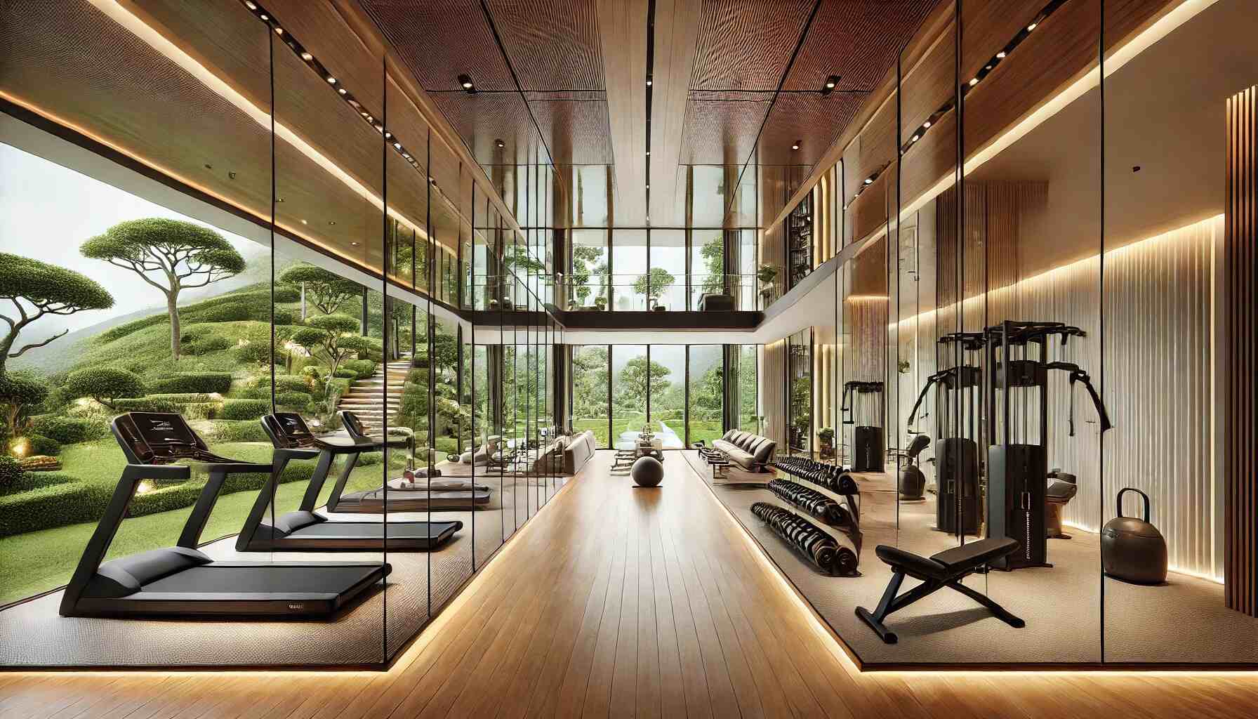 A luxurious gymnasium within a highend house. The design includes floor to ceiling windows offering a view of a beautifully landscaped garden.