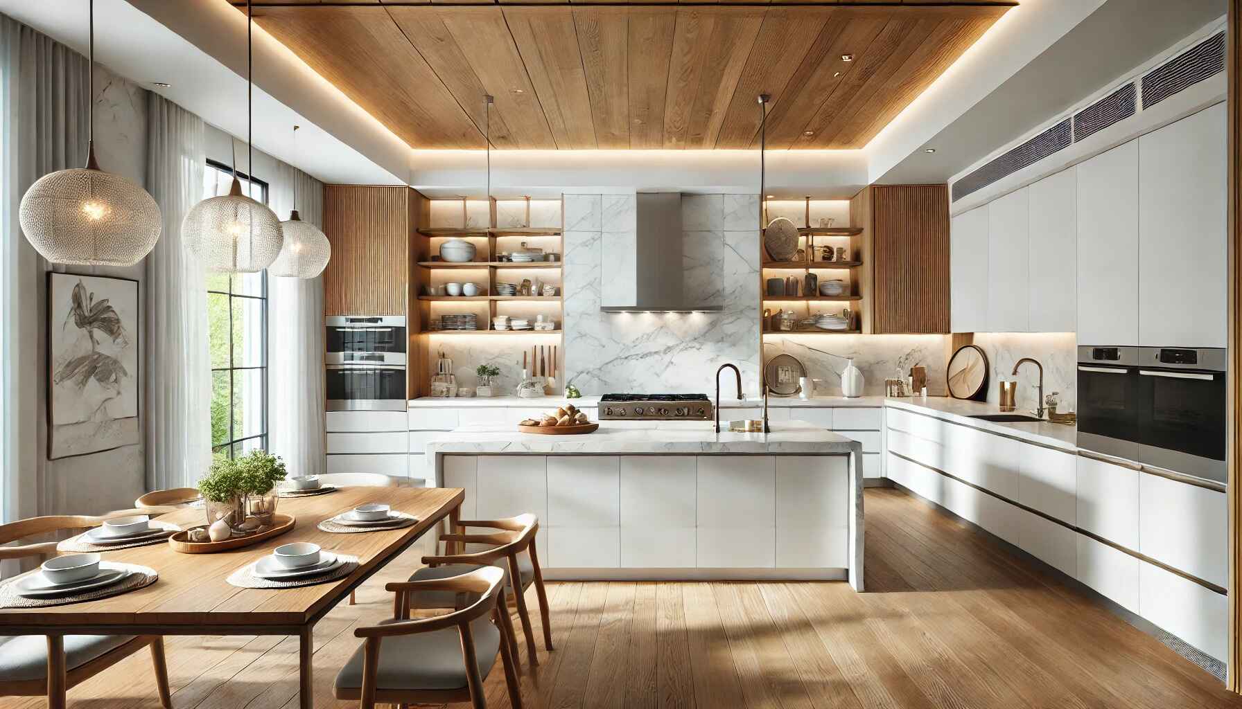 A luxurious kitchen design featuring a combination of white and wood elements.