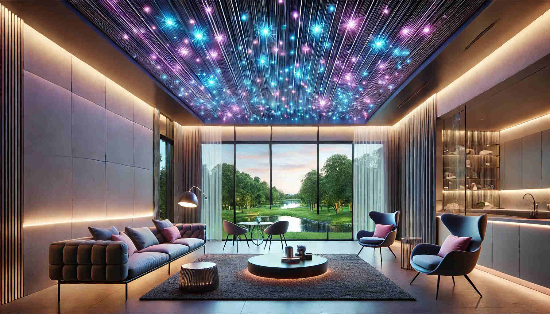 A luxurious modern interior with top fiber optic lights on the ceiling and mood lighting, enhanced by an outdoor view through large windows.