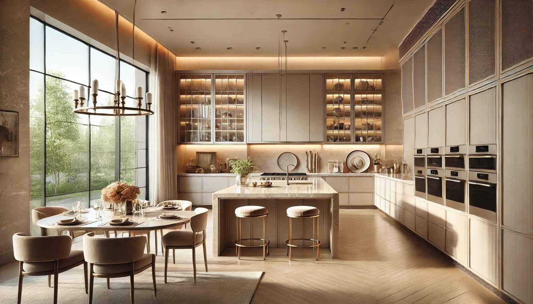 A luxurious nude kitchen featuring a minimalistic design with a neutral color palette.