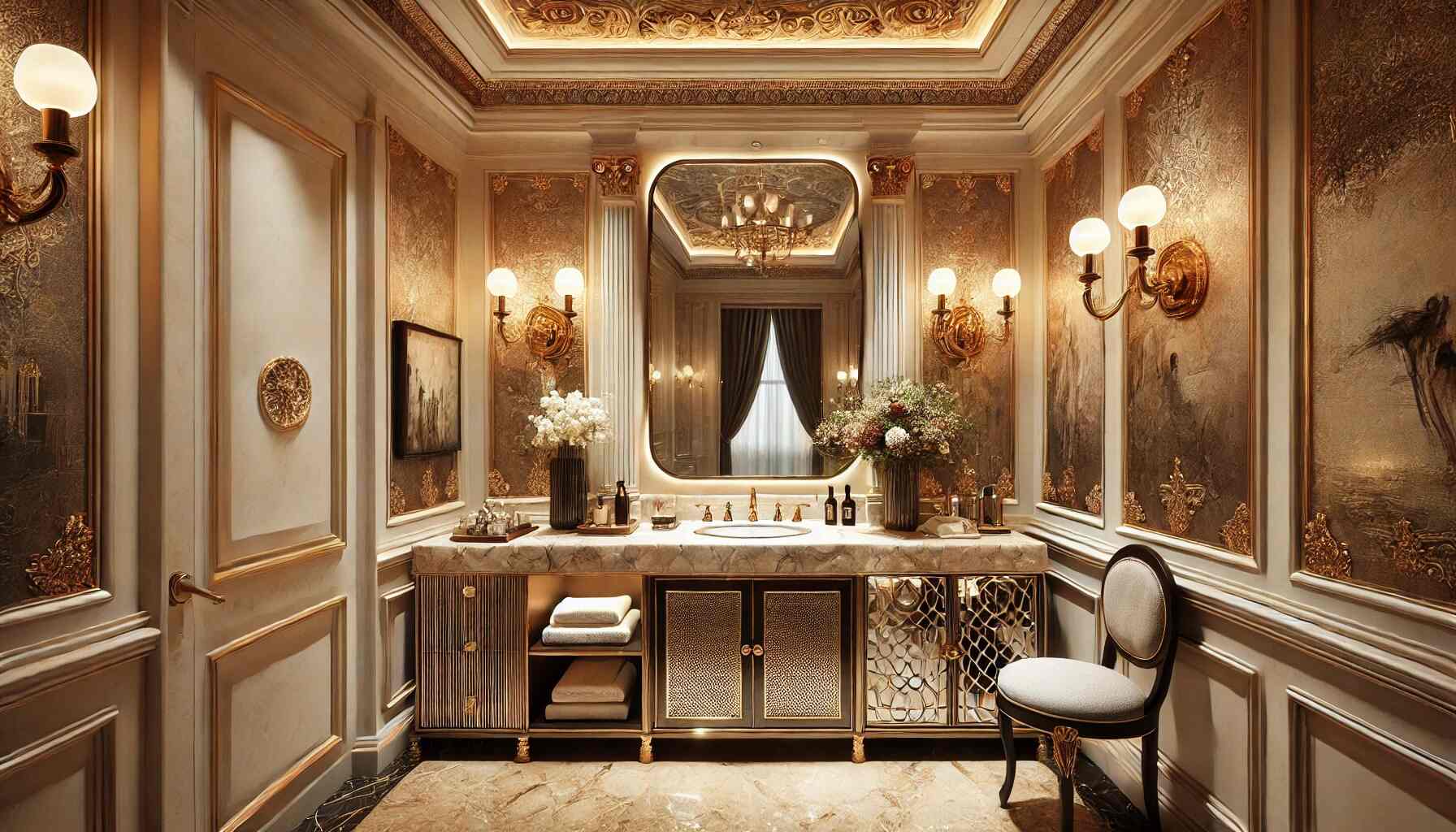 A luxurious powder room design in a highend house. The room features an elegant marble vanity with gold fixtures a large ornate mirror