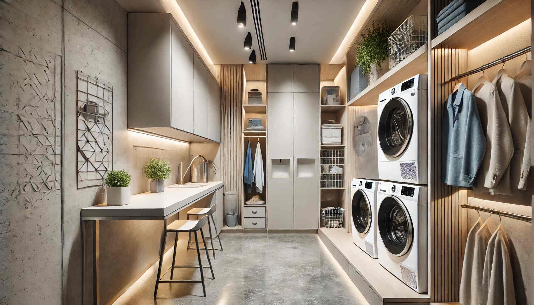 A modern and unique laundry room design featuring a sleek, minimalist style.