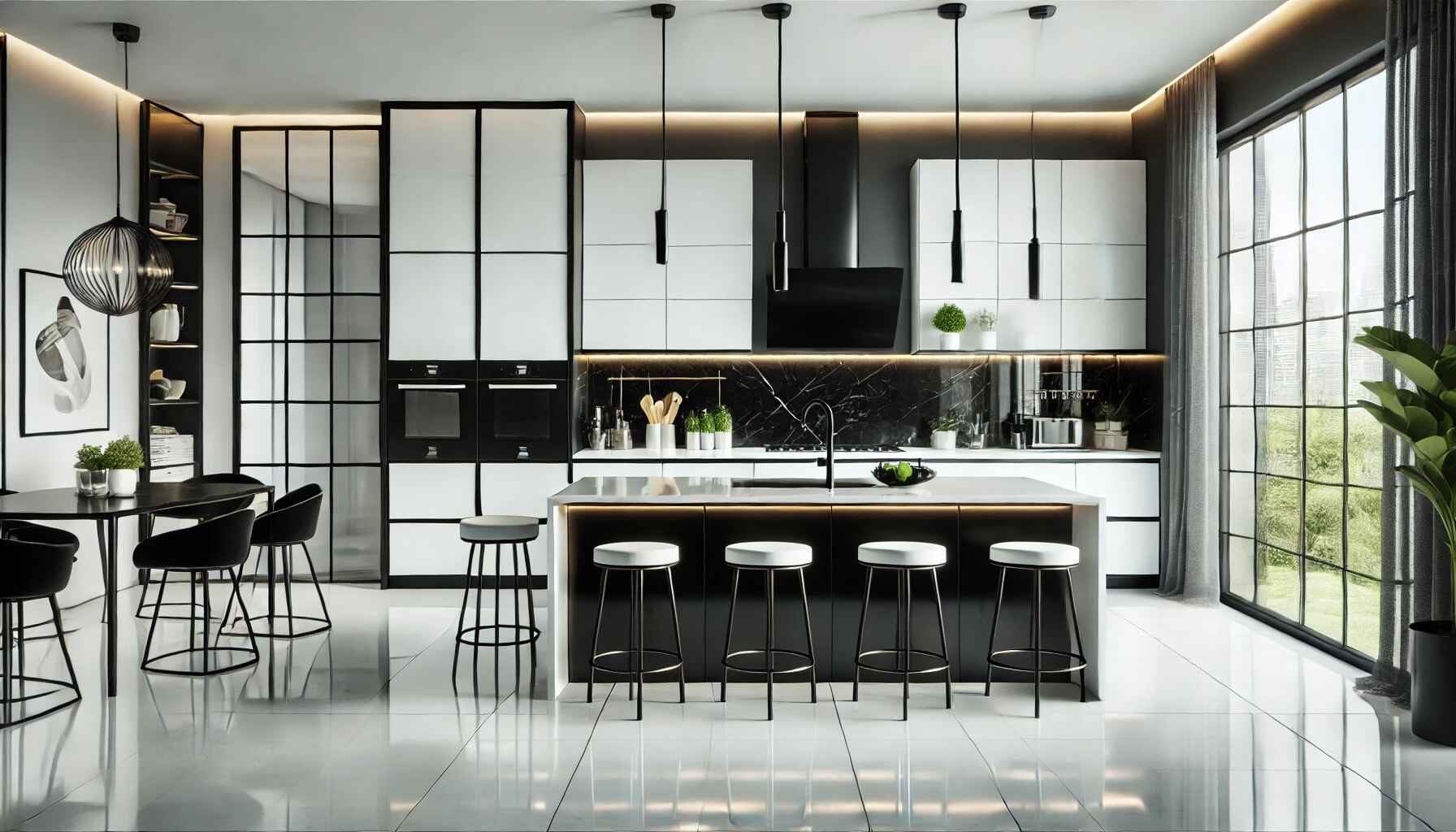 A modern black and white kitchen with clean lines and sleek surfaces.