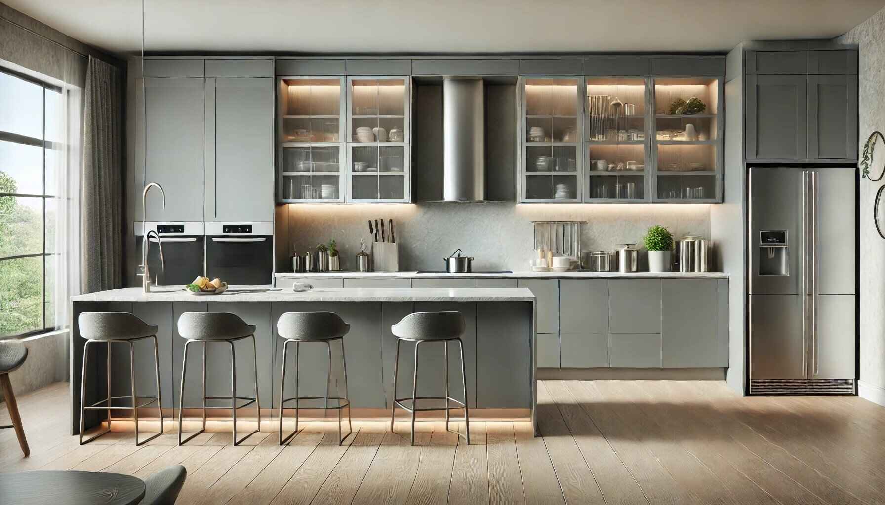 A modern kitchen interior featuring various shades of grey kitchen cabinets.