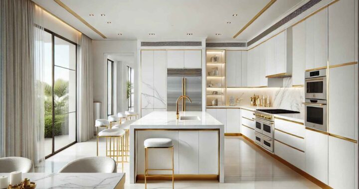 Modern White Kitchen with Gold Hardware