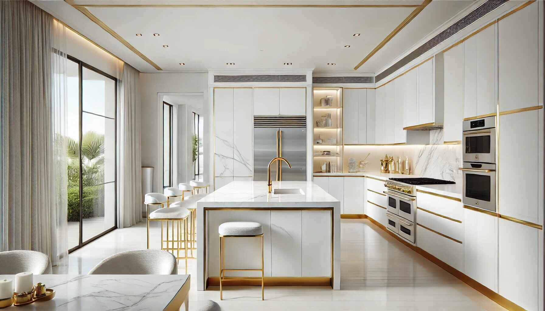 A modern white kitchen with gold hardware. The kitchen features sleek white cabinetry