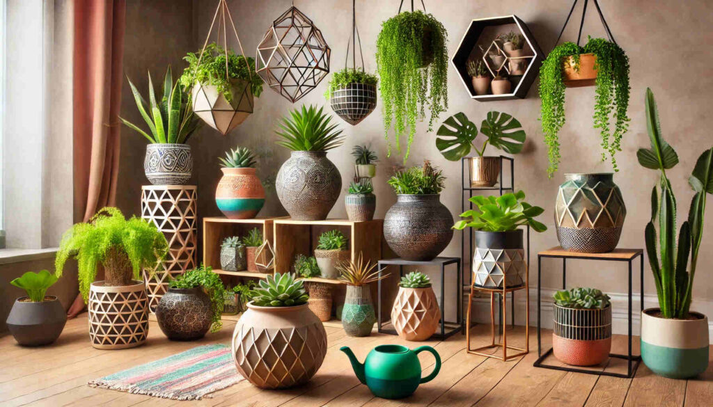 A variety of unique pots and planters for indoor houseplants displayed in a stylish home setting.