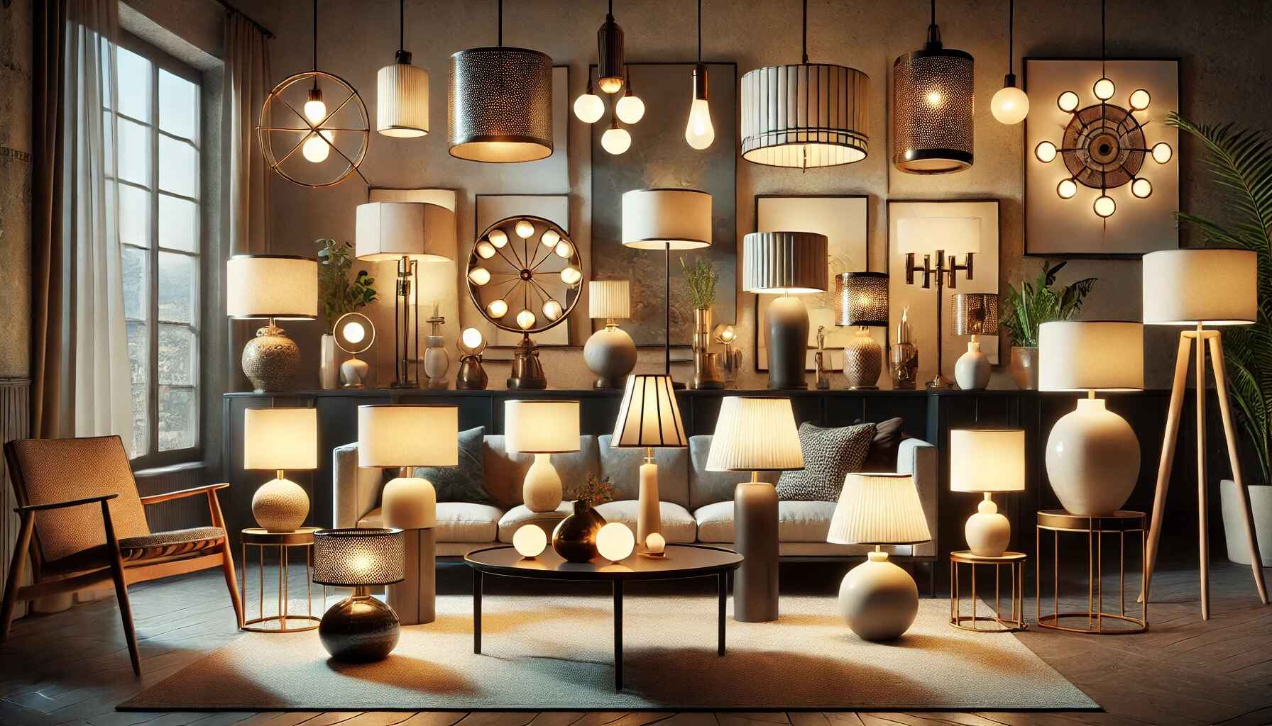 An interior design scene showcasing 20 unique table lamps in a stylish living room setting.