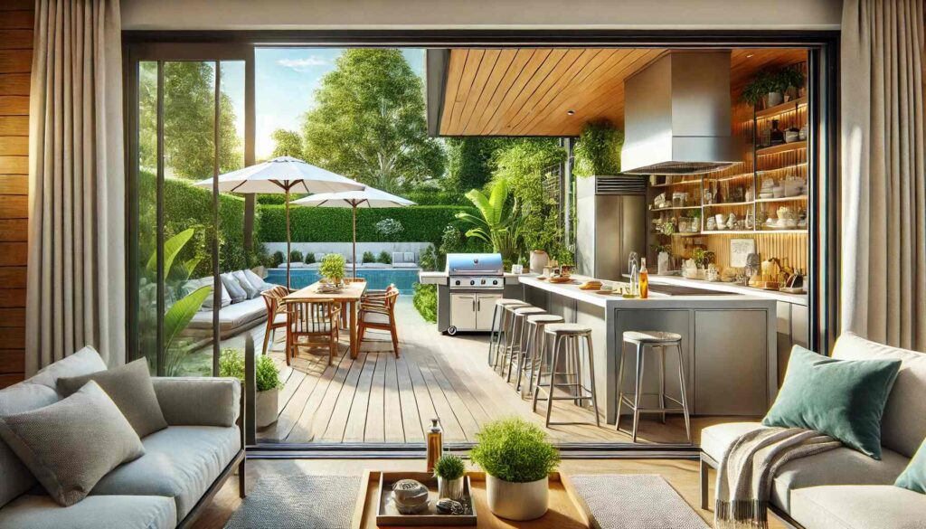 An outdoor kitchen featuring a fully retractable patio door.