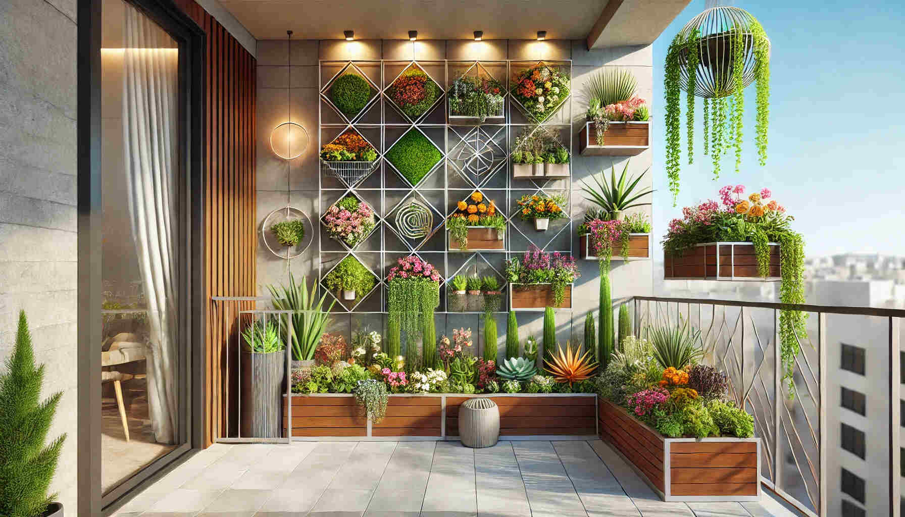 A balcony showcasing creative plant designs with a modern and stylish look. The balcony has a sleek metal railing and a tiled floor.