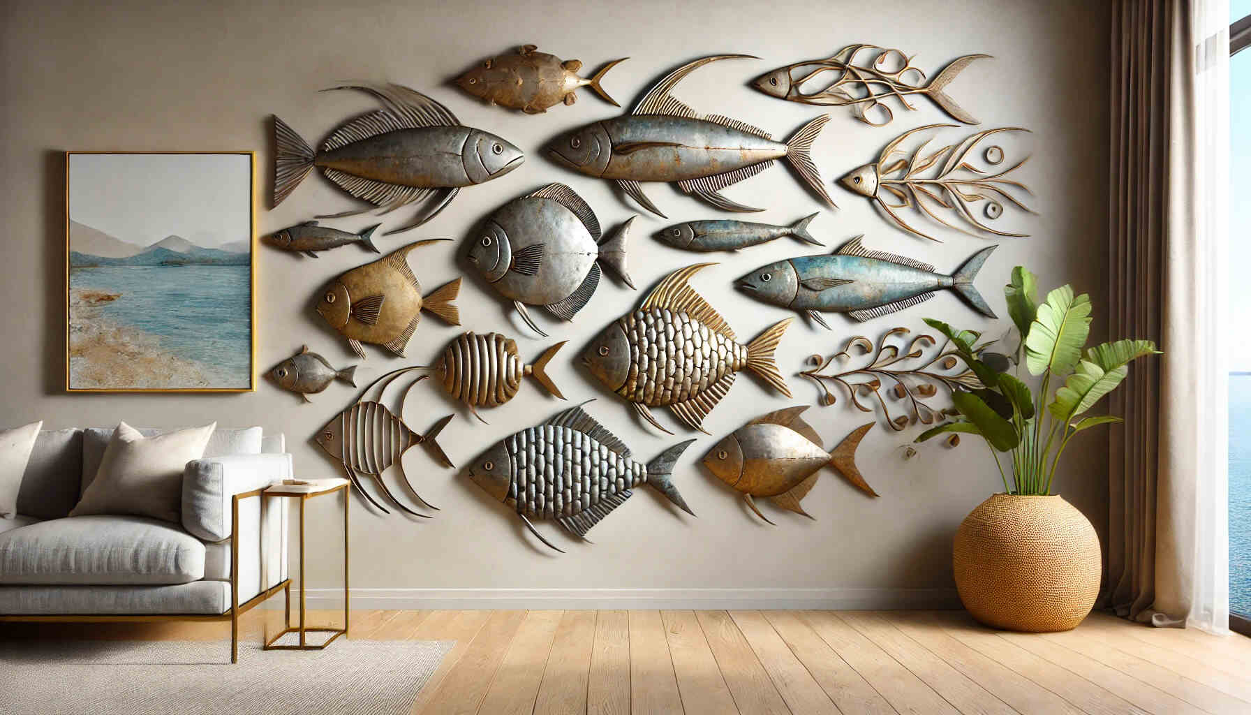 A landscape image featuring a wall decorated with metal fish decor.