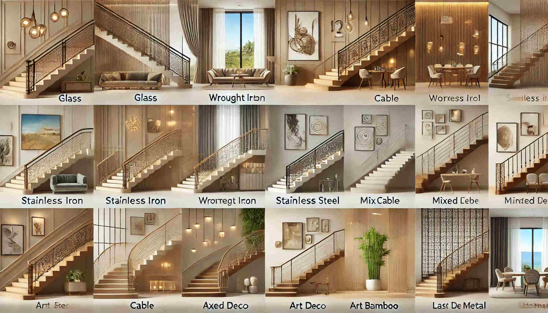 A landscape-oriented image showcasing a variety of the top ten stair railing designs in a beautifully designed interior setting.