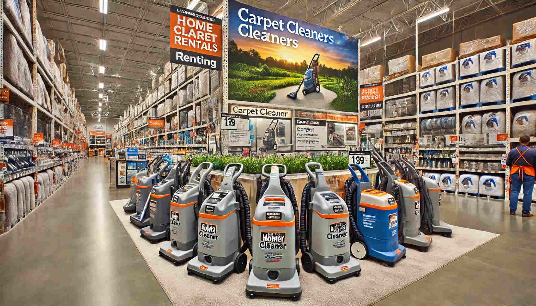 A landscape scene inside a home improvement store with a dedicated section for carpet cleaner rentals.