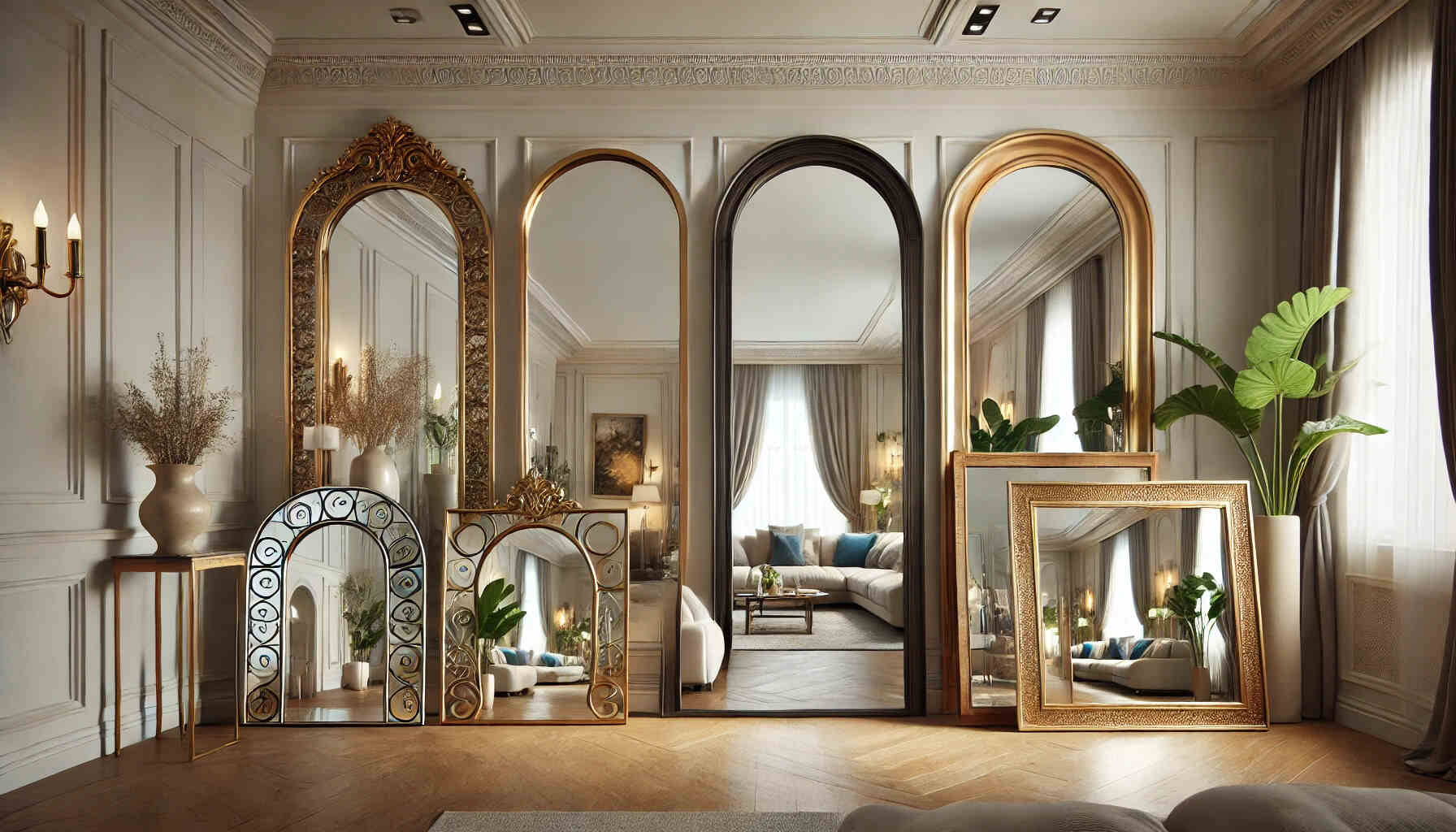 A luxurious interior showcasing a variety of arched mirrors in a landscape format.