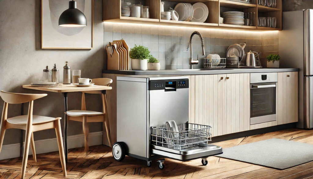 A modern efficient portable dishwasher in a compact kitchen setting shown in landscape orientation.