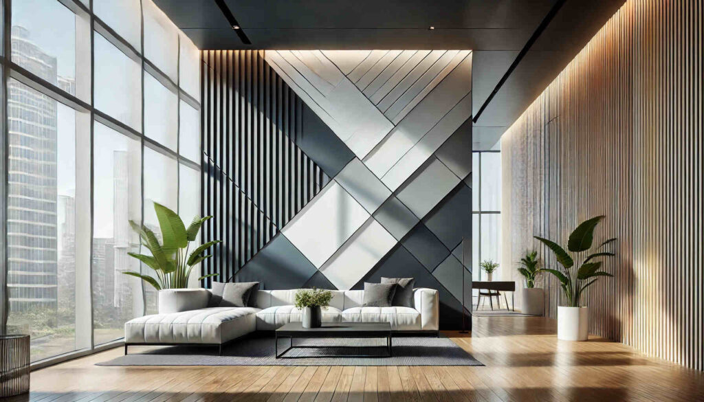 A modern interior space featuring a stylish diagonal wall design.