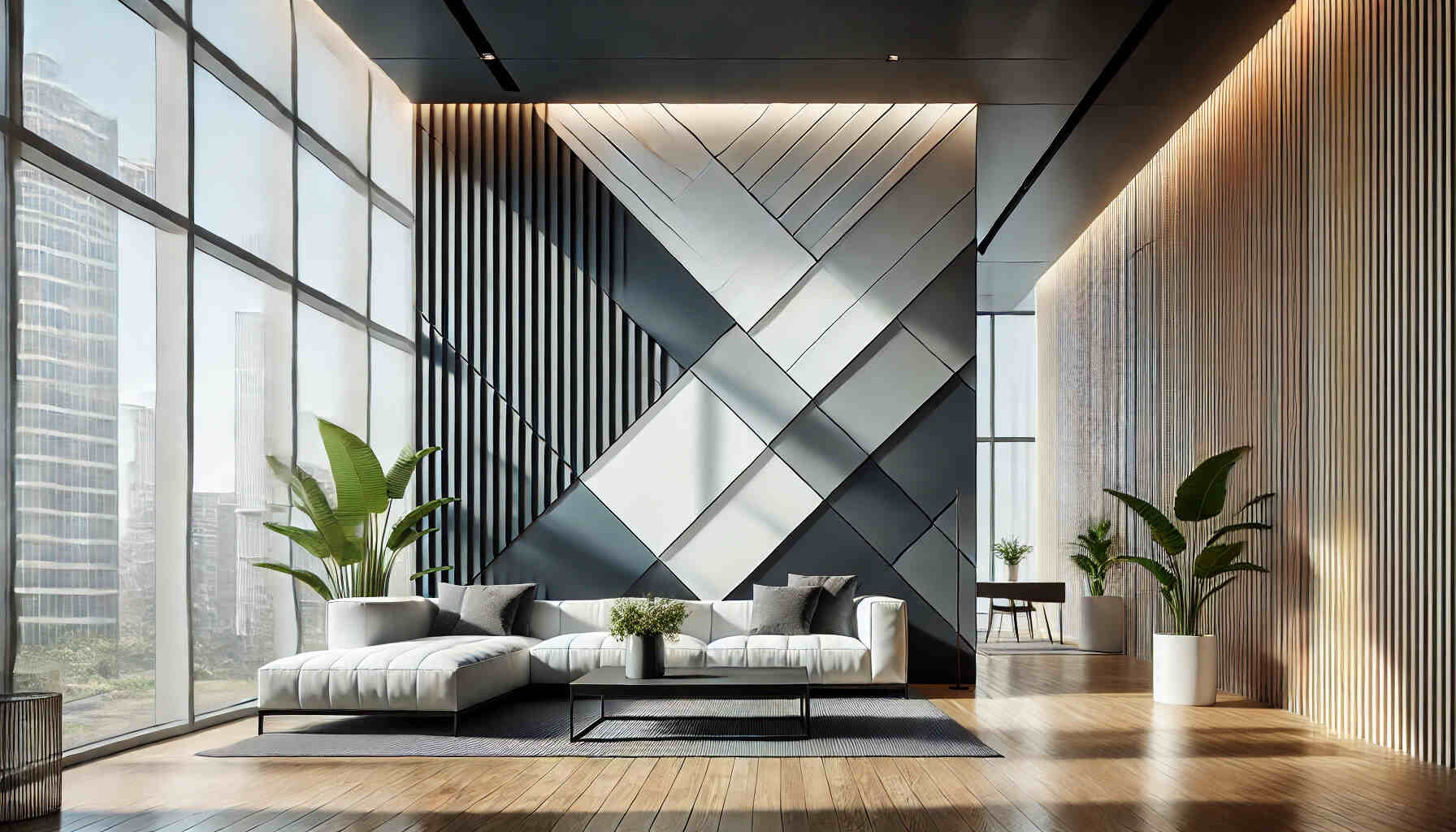 A modern interior space featuring a stylish diagonal wall design.