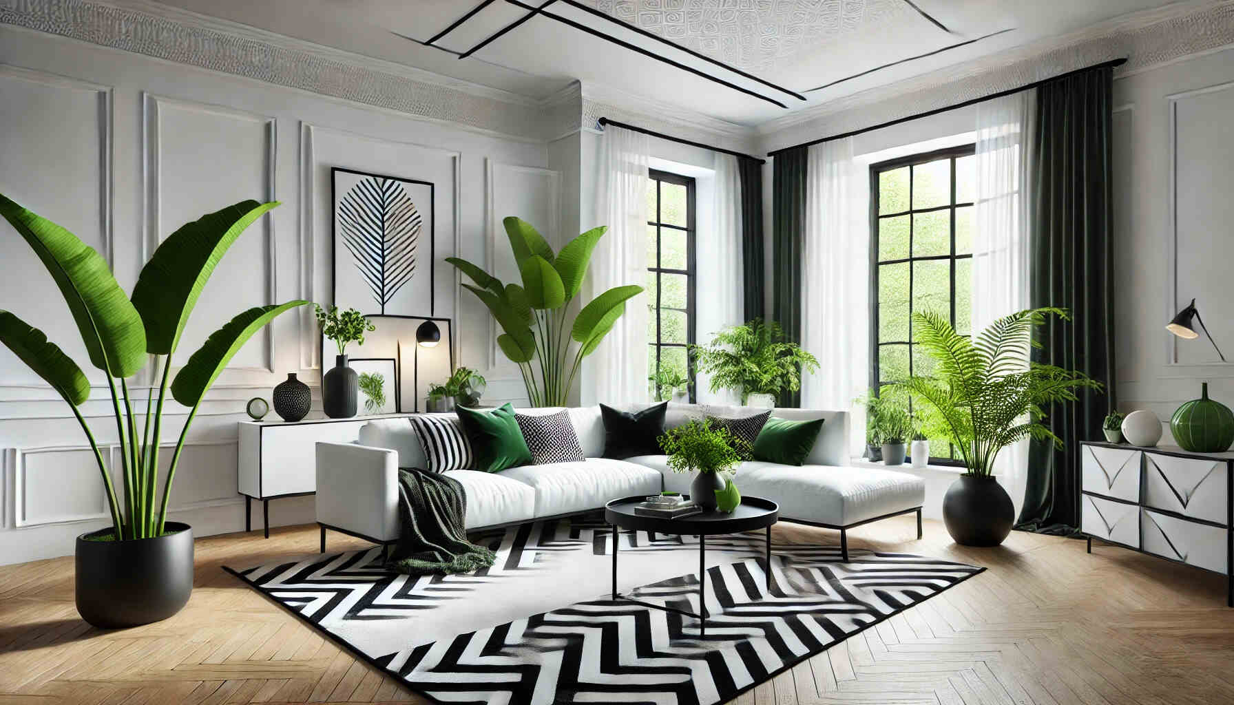 A modern, stylish living room featuring a harmonious blend of black, white, and green.