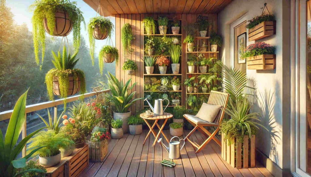 A picturesque balcony with an artistic arrangement of various plants.