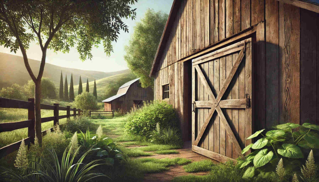 A rustic and picturesque barn door in a landscape setting, featuring weathered wood with visible grains and knots, surrounded by lush greenery