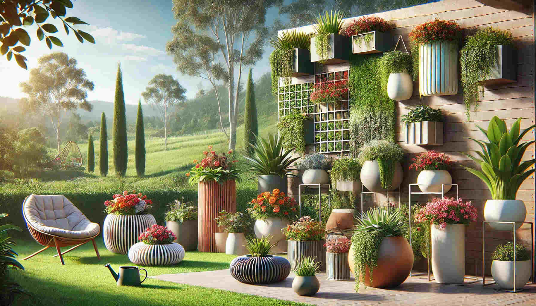 A scenic landscape image showcasing a variety of creatively designed outdoor planters.