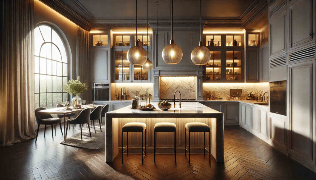 A sophisticated and modern kitchen featuring an elegant kitchen island with state of the art lighting.