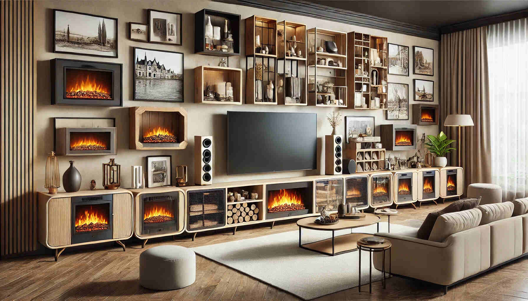 A stylish living room featuring various top TV stands with built-in fireplaces.