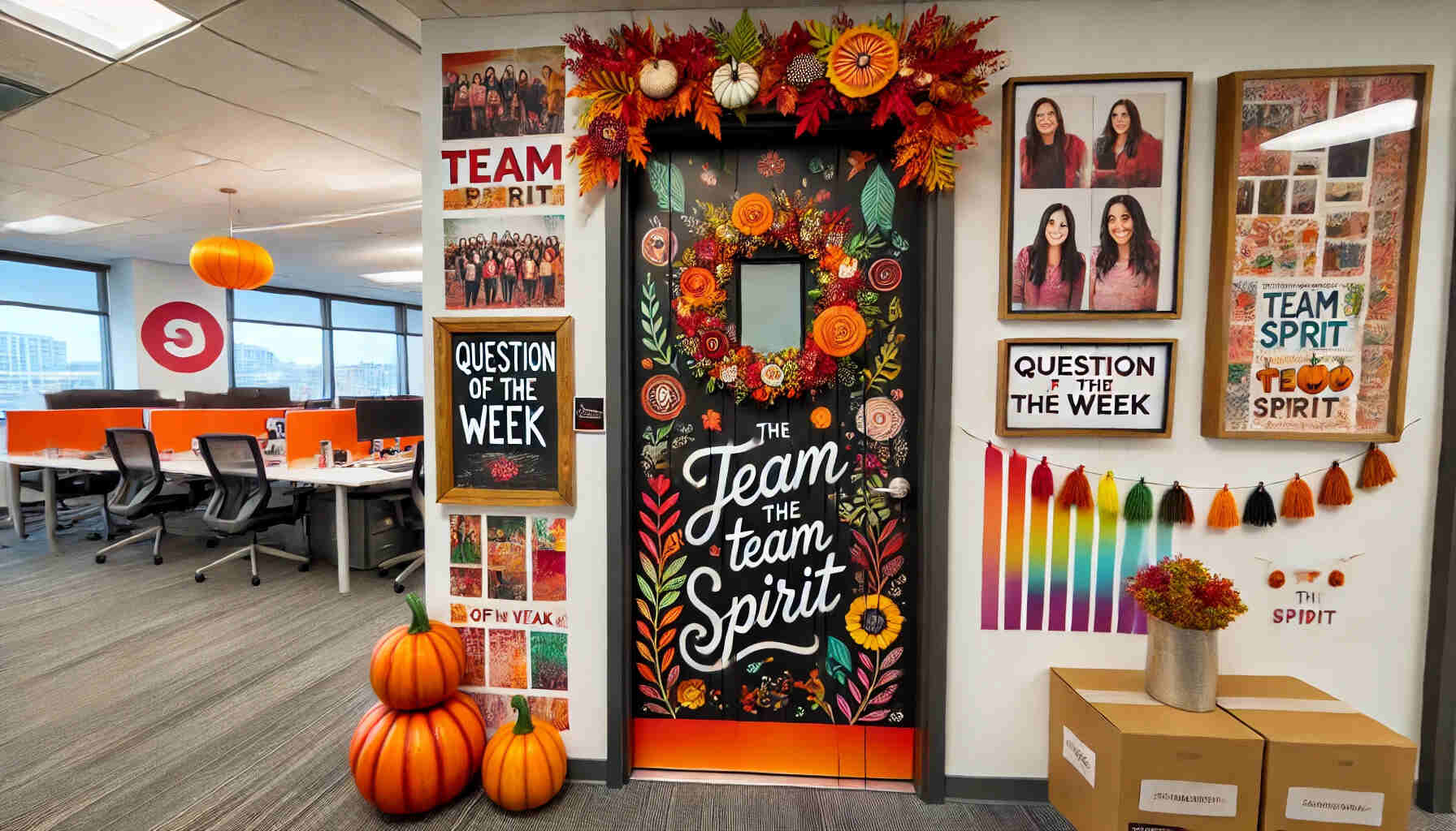 A vibrant office door decorated with seasonal themes, motivational quotes, and team spirit elements.