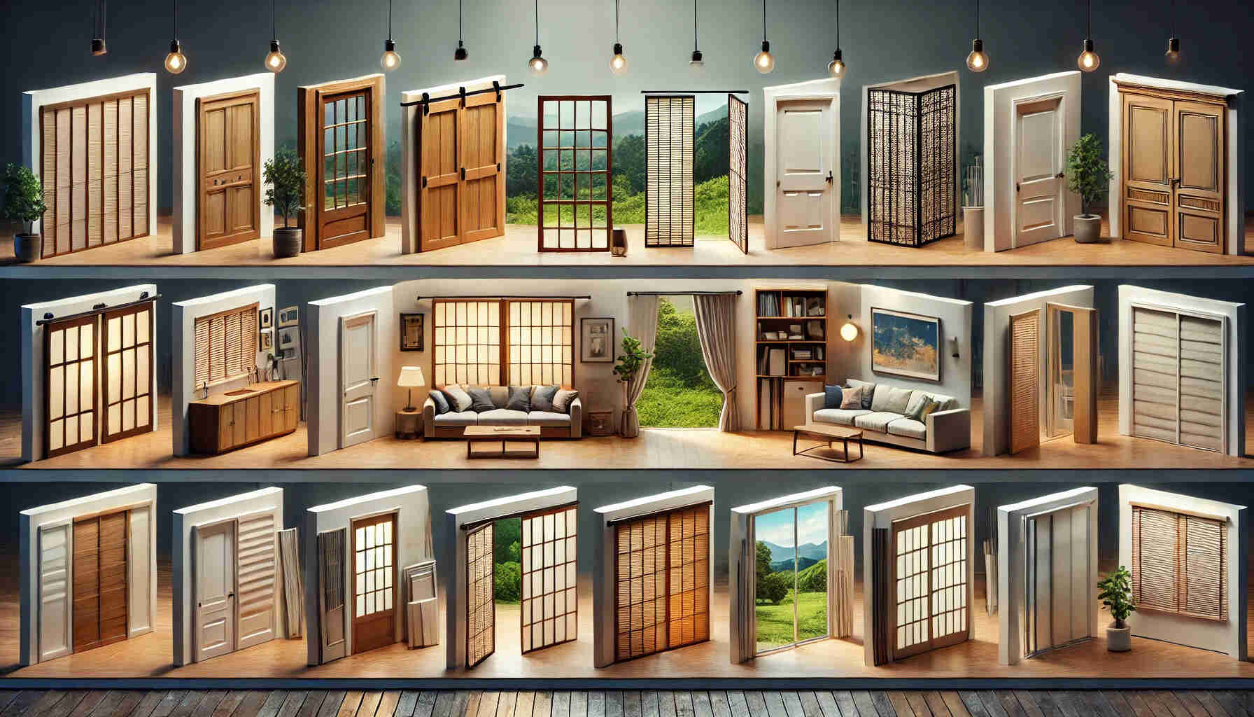 A visually engaging landscape scene showcasing an assortment of the top ten sliding doors each distinctly styled to represent different types.