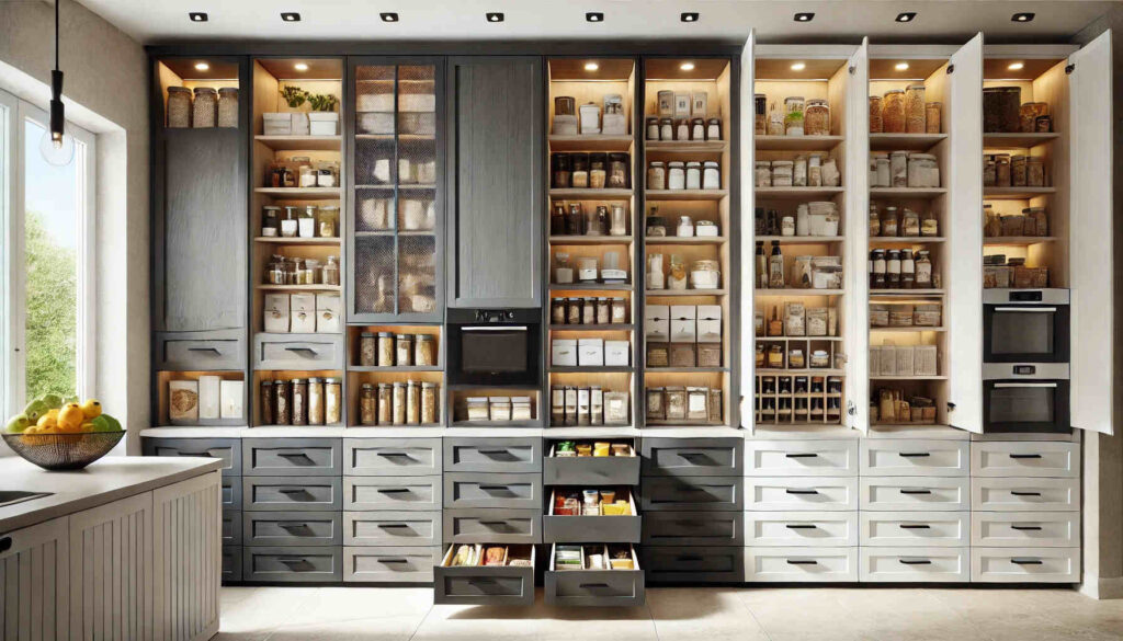 A well-organized kitchen featuring a variety of pantry cabinets in a landscape format.