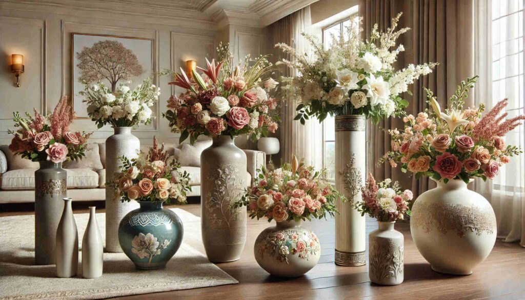 A beautifully decorated room featuring elegant floor vases filled with a variety of flowers.