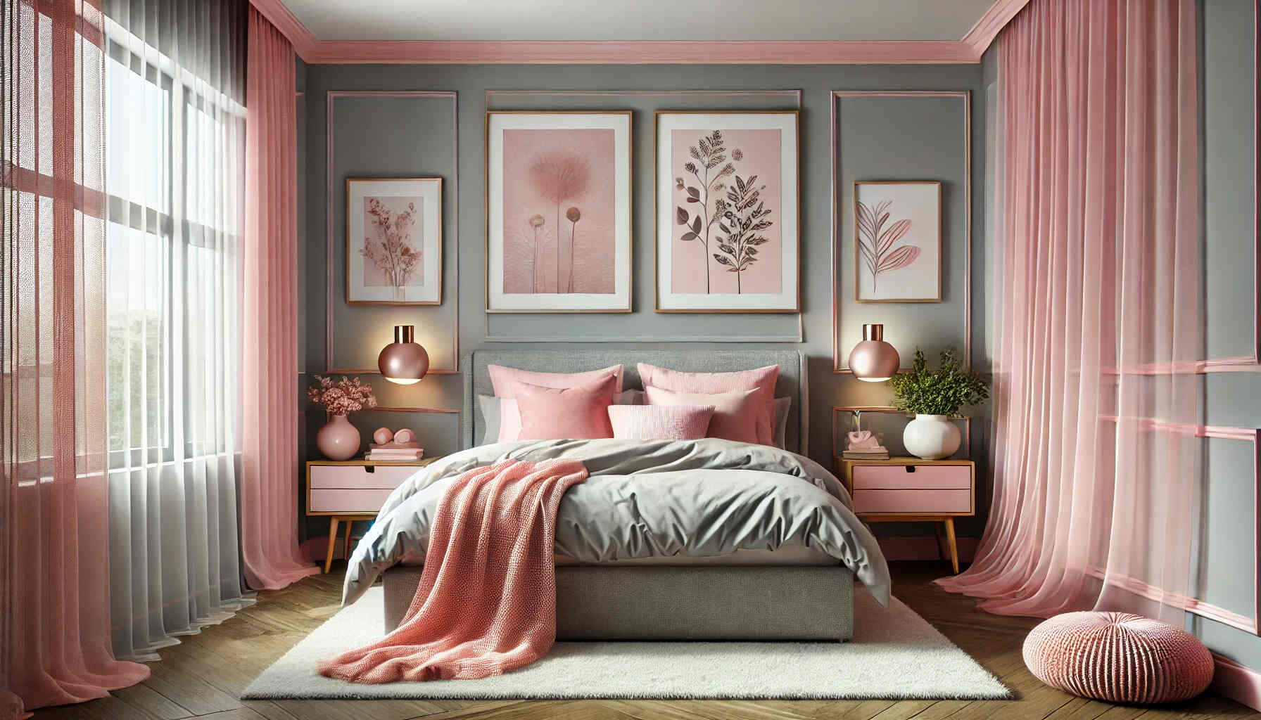 A cozy bedroom design featuring a soft pink and grey color palette.