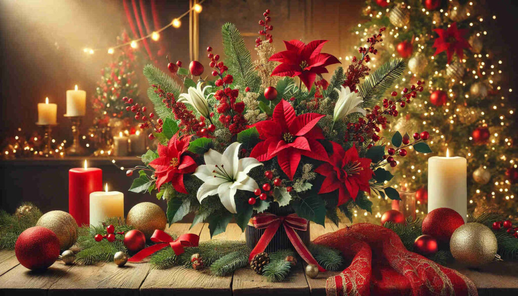 A festive landscape view of Christmas flowers arranged for home decor.