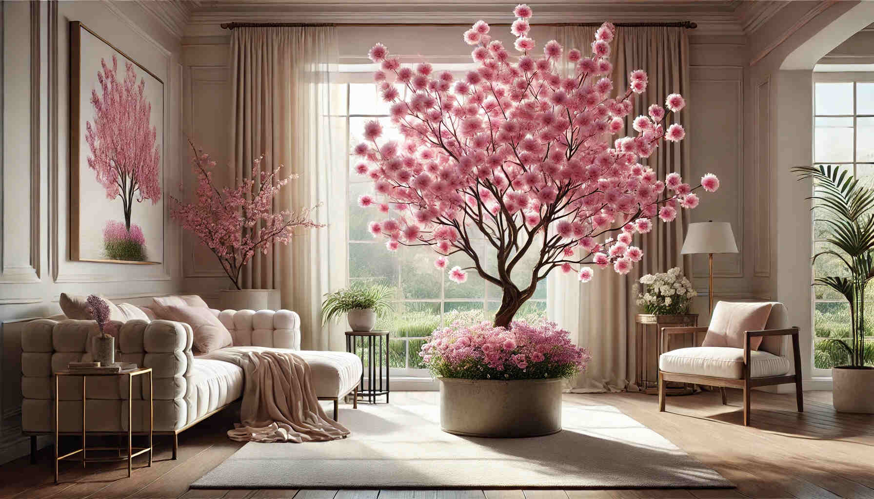 A landscape view featuring pink flowering trees used in home decor settings.