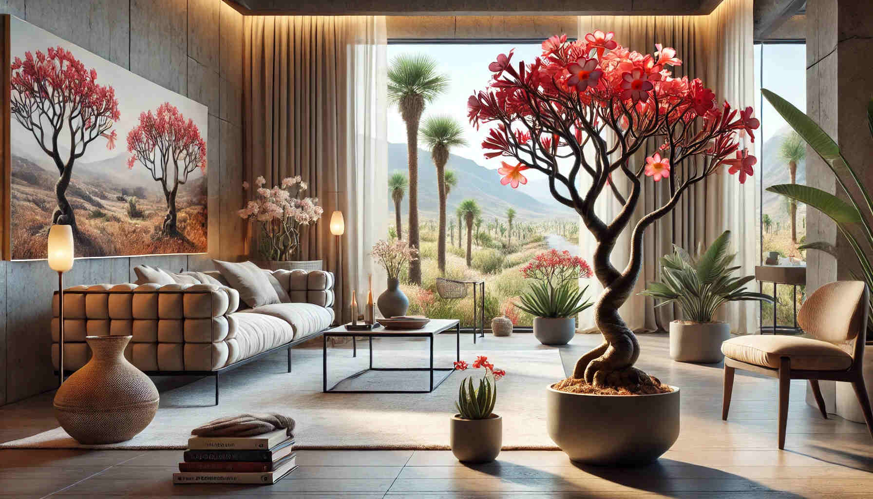 A landscape view of Desert Rose plants used for home decor. The scene features a stylish indoor setting with Desert Rose plants