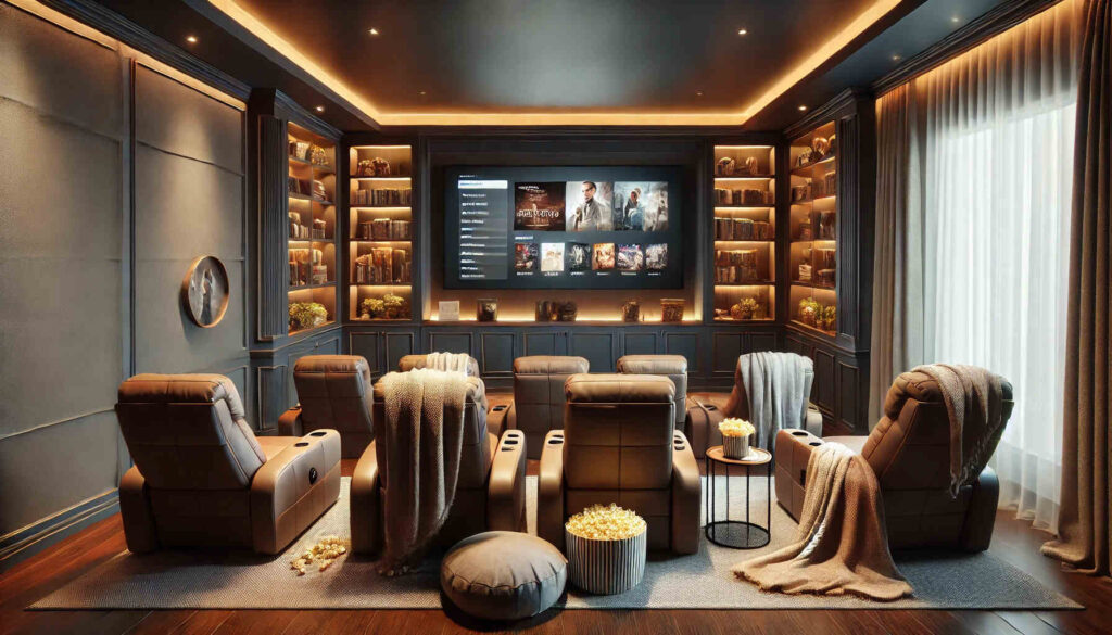 A landscape view of a cozy movie room for home decor.