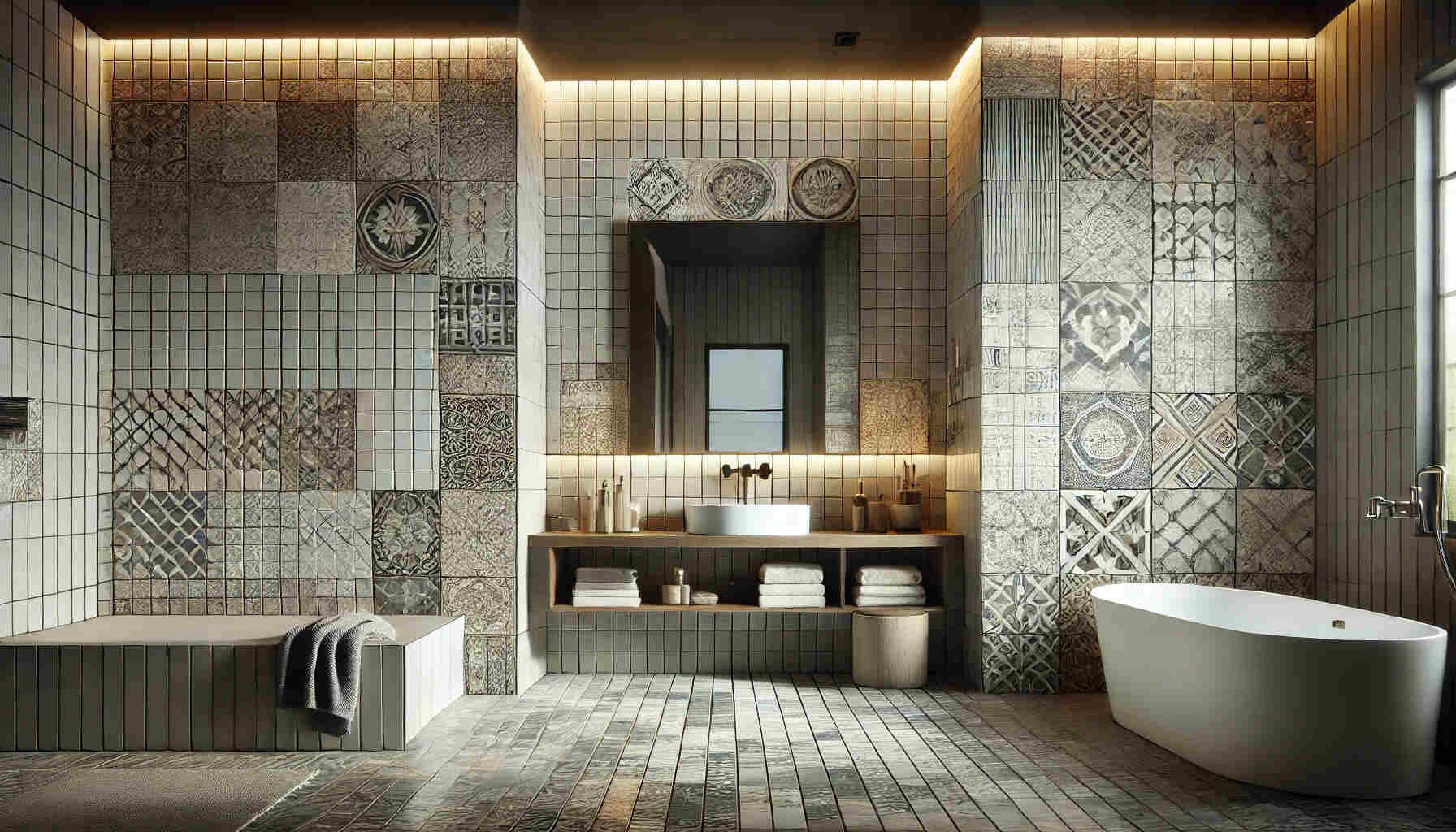 A landscape view of a modern bathroom showcasing stylish wall tiles for home decor.