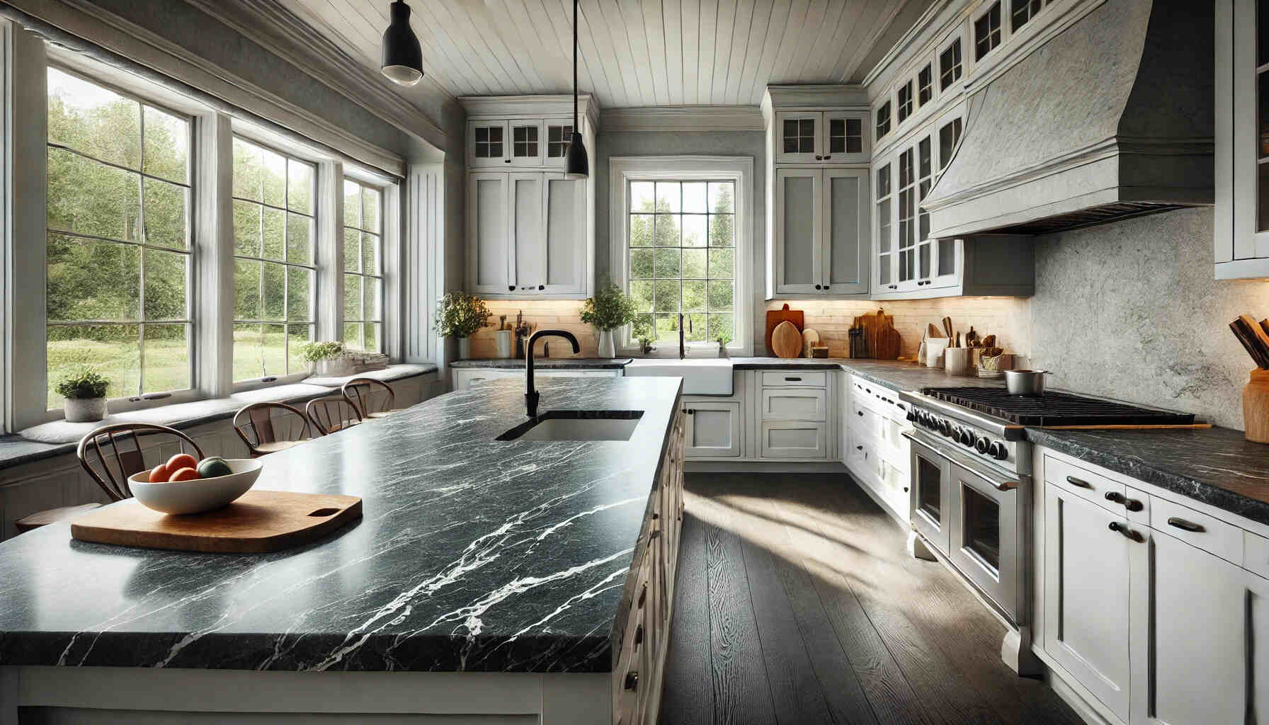 A landscape view of a modern kitchen featuring elegant soapstone countertops for home decor.