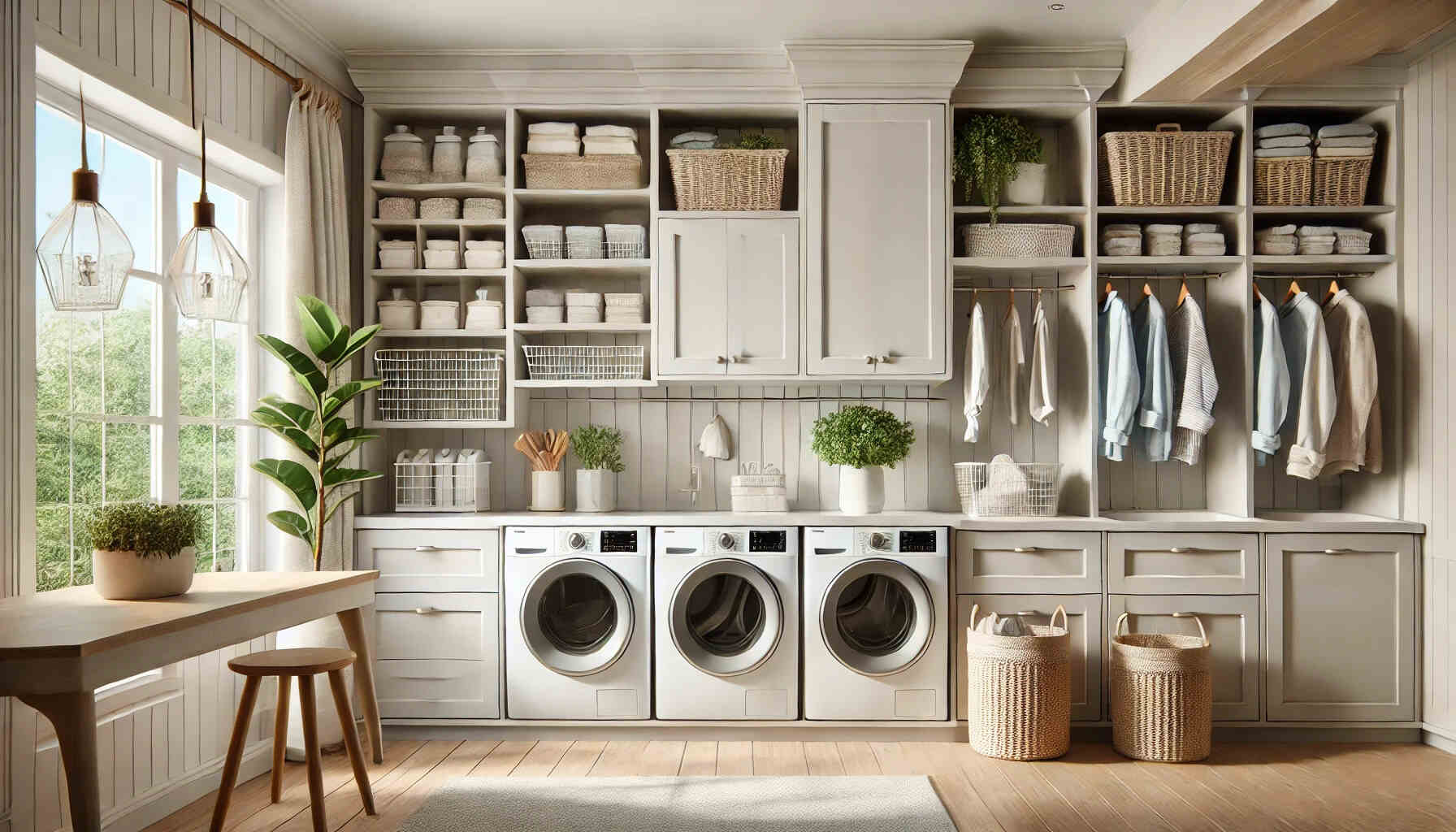 A landscape view of a modern laundry room featuring stylish cabinets designed for home decor.