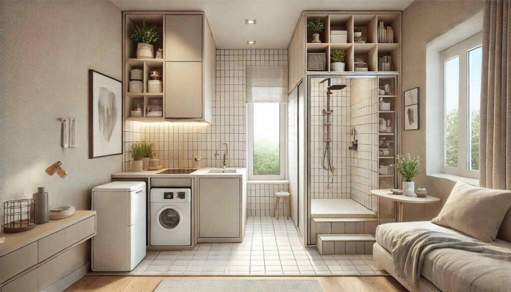 A landscape view of an efficiency room design featuring a compact bathroom and small kitchen for home decor.