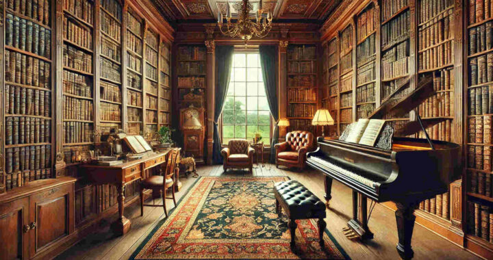 Old Study Room with Bookshelves and a Grand Piano for Home Decor