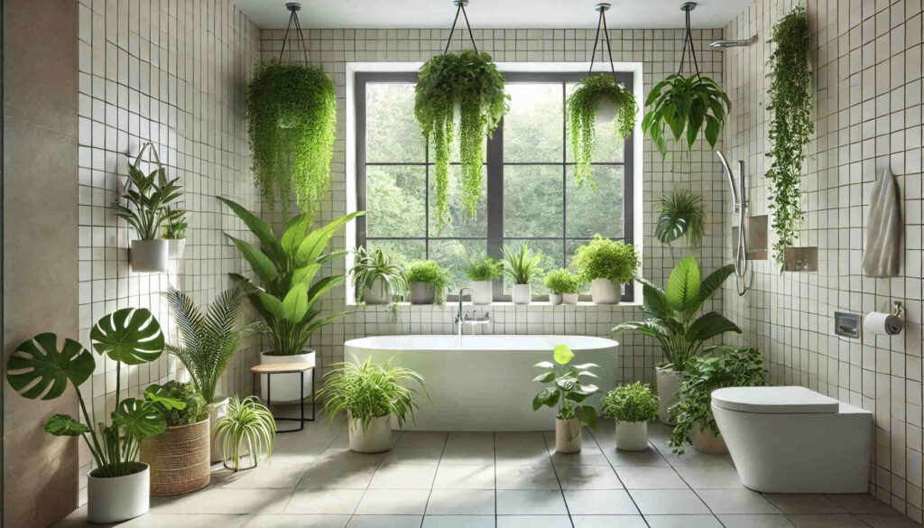 A modern bathroom filled with lush greenery, featuring a variety of plants that thrive in humid environments.