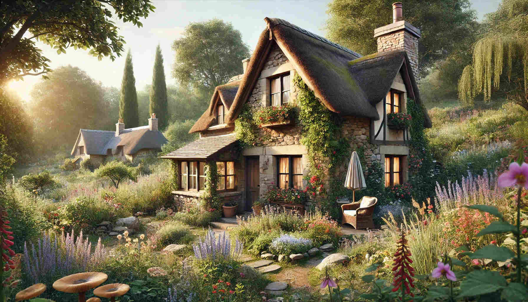 A picturesque landscape view of a cottagecore-inspired house.