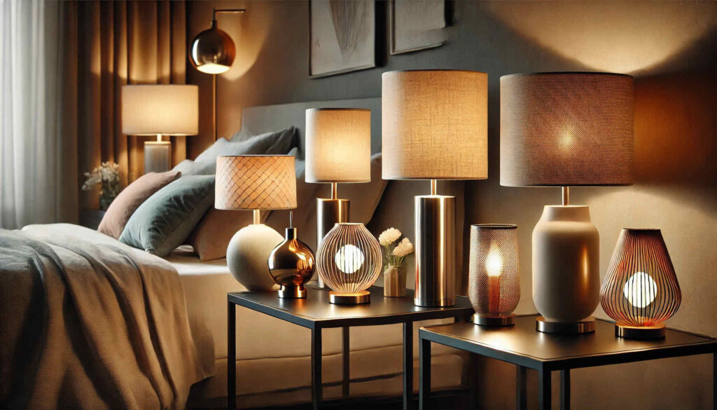 A variety of modern table lamp designs for a bedroom setting.