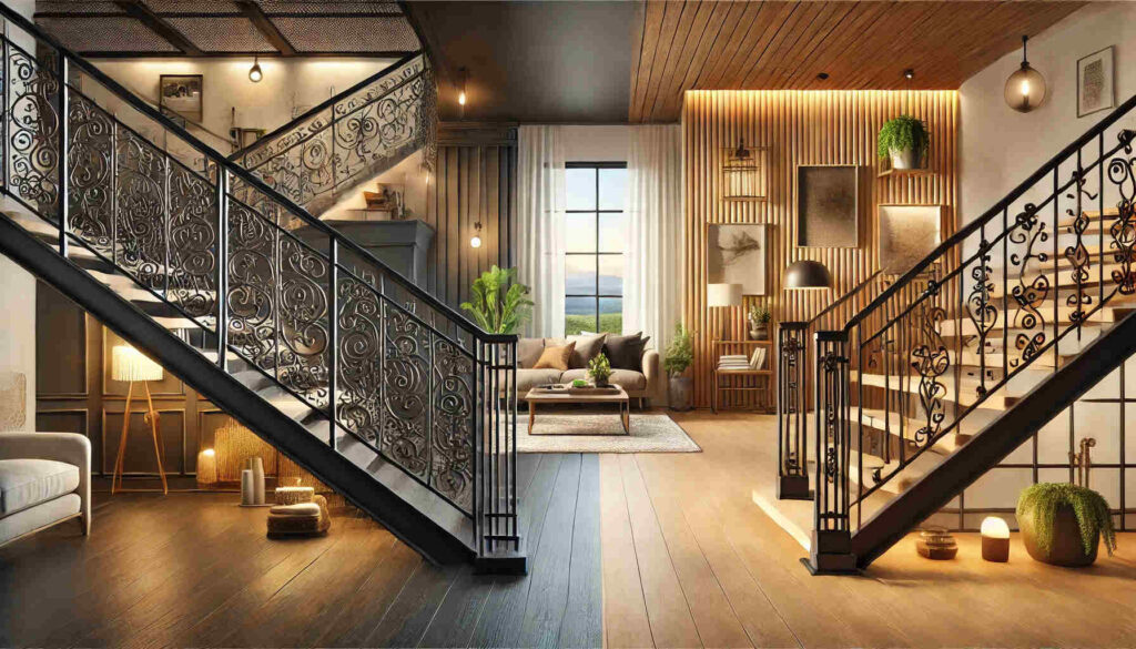 comparison between iron and wood stair railings in a home decor setting.