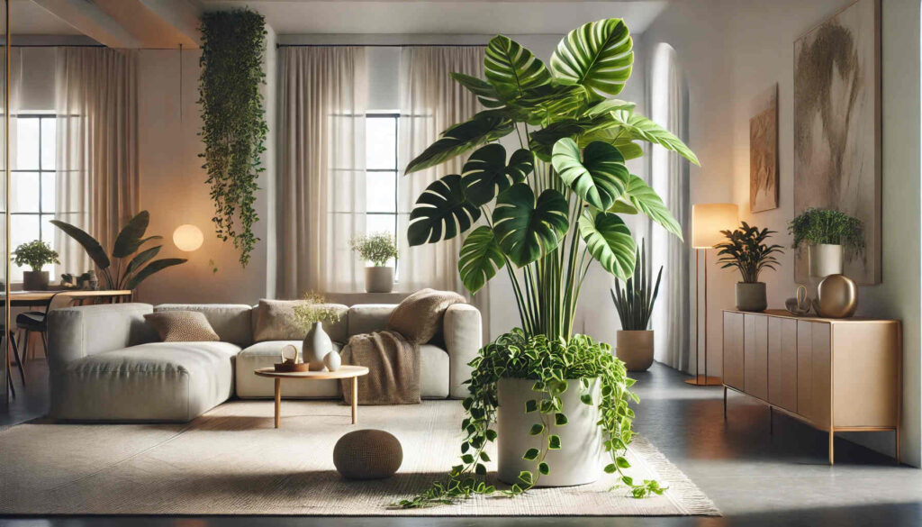 ew featuring a Philodendron house plant used for home decor. The setting shows a modern living room with a large Philodendron plant