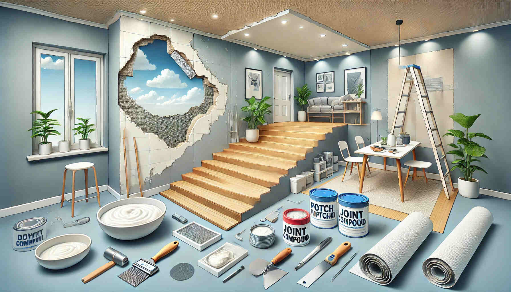 illustrating the process of fixing a hole in drywall. The scene shows a modern interior