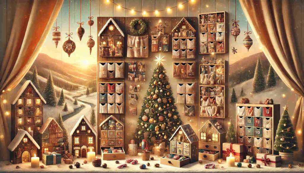 illustration depicting a variety of advent calendar ideas. The scene includes multiple advent calendars with different themes