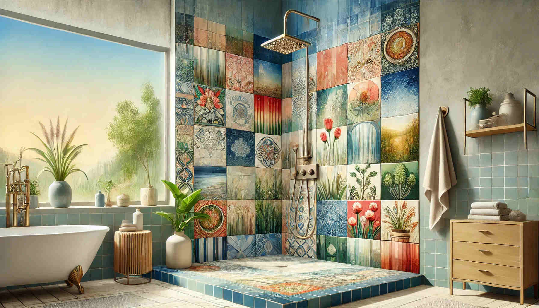 illustration of a beautifully painted tile shower, showcasing creative and artistic tile painting ideas.